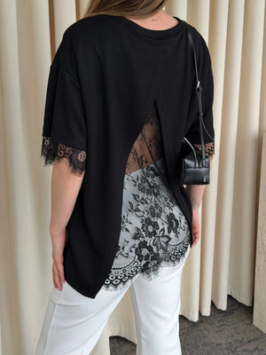 Siyah Sırt Dantel Detaylı Tshirt - 1073