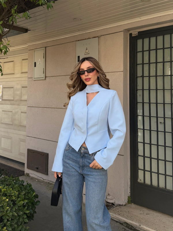 Mavi Vatkalı Fularlı Ceket - 85175