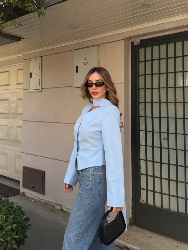 Mavi Vatkalı Fularlı Ceket - 85175