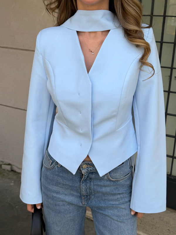 Mavi Vatkalı Fularlı Ceket - 85175