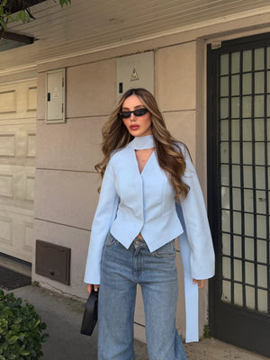 Mavi Vatkalı Fularlı Ceket - 85175