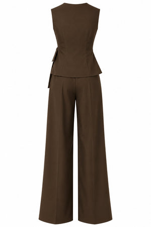 Kahverengi Donna Kruvaze Yaka Yelek Pantolon Takım - 3y8496