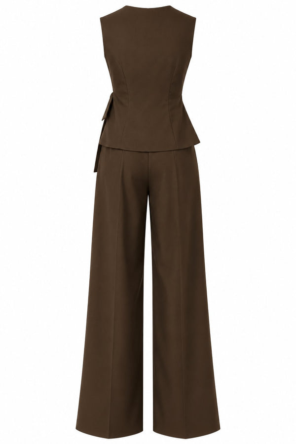 Kahverengi Donna Kruvaze Yaka Yelek Pantolon Takım - 3y8496
