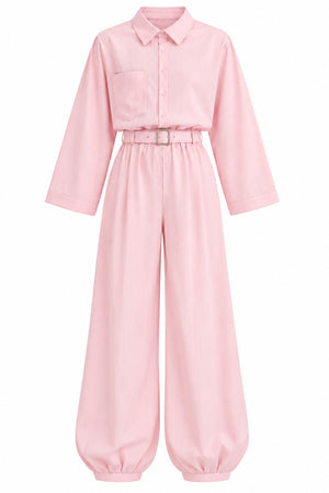 Pembe Çıtçıtlı Modal Gömlek Kemerli Şalvar Pantolon Takım - 2y8396