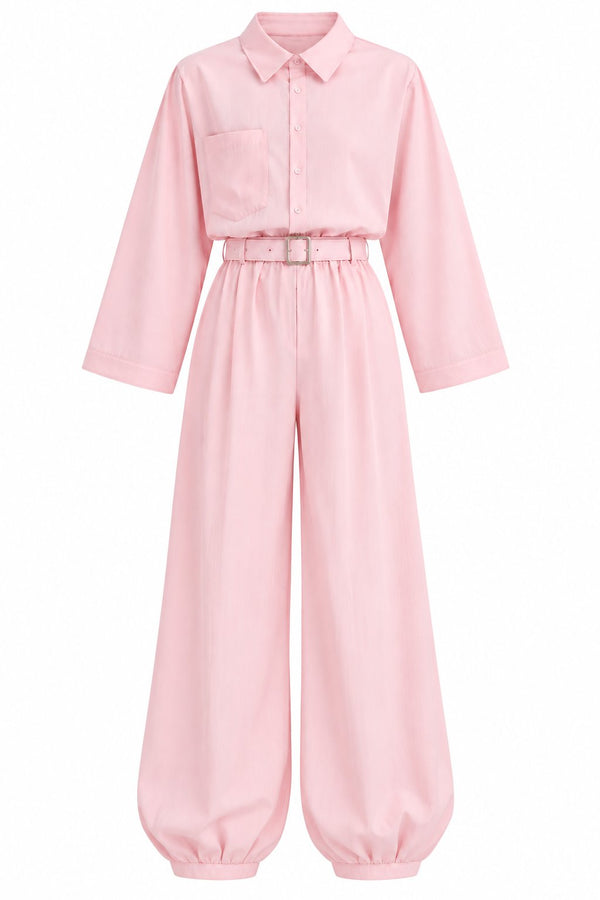 Pembe Çıtçıtlı Modal Gömlek Kemerli Şalvar Pantolon Takım - 2y8396