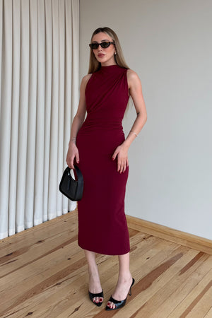 Bordo Drapeli Yırtmaçlı Elbise - 4114