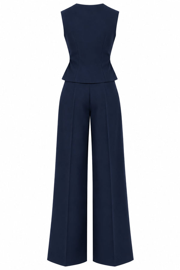 Lacivert Donna Kruvaze Yaka Yelek Pantolon Takım - 3y8496