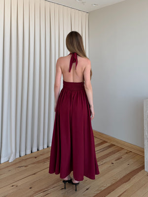 Bordo Boyundan Bağlı Gold Aksesuar Detaylı Elbise - 205369
