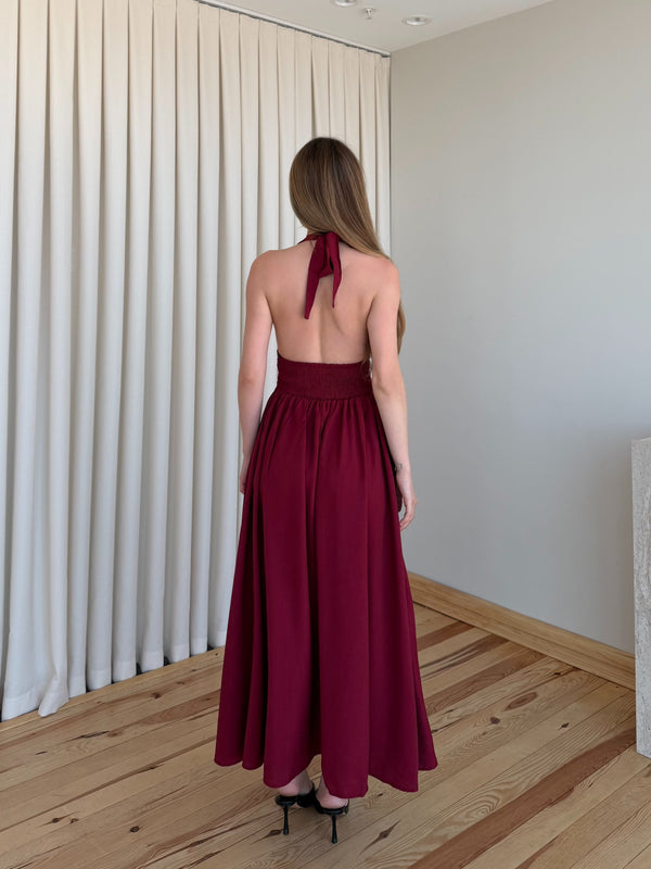 Bordo Boyundan Bağlı Gold Aksesuar Detaylı Elbise - 205369