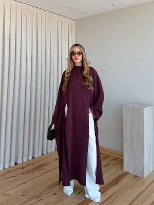 Bordo Yırtmaçlı Uzun Tunik - 8515