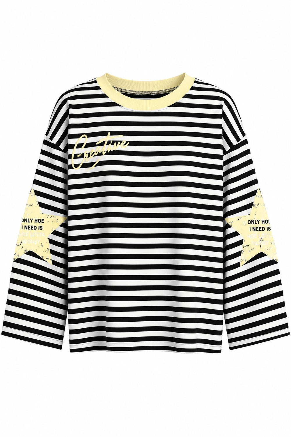 Sarı Yaka Creative Baskılı Çizgili Tshirt - 1127