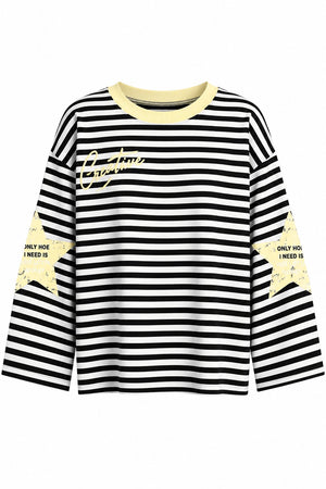 Sarı Yaka Creative Baskılı Çizgili Tshirt - 1127