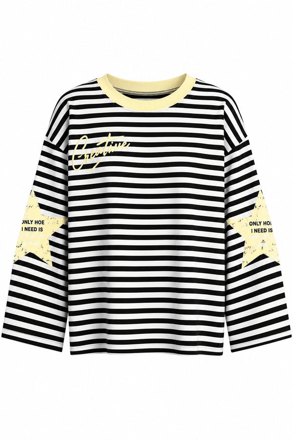 Sarı Yaka Creative Baskılı Çizgili Tshirt - 1127