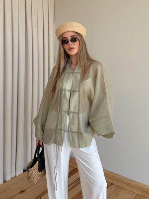 Adaçayı İp Bağcıklı Transparan Kimono - 5098