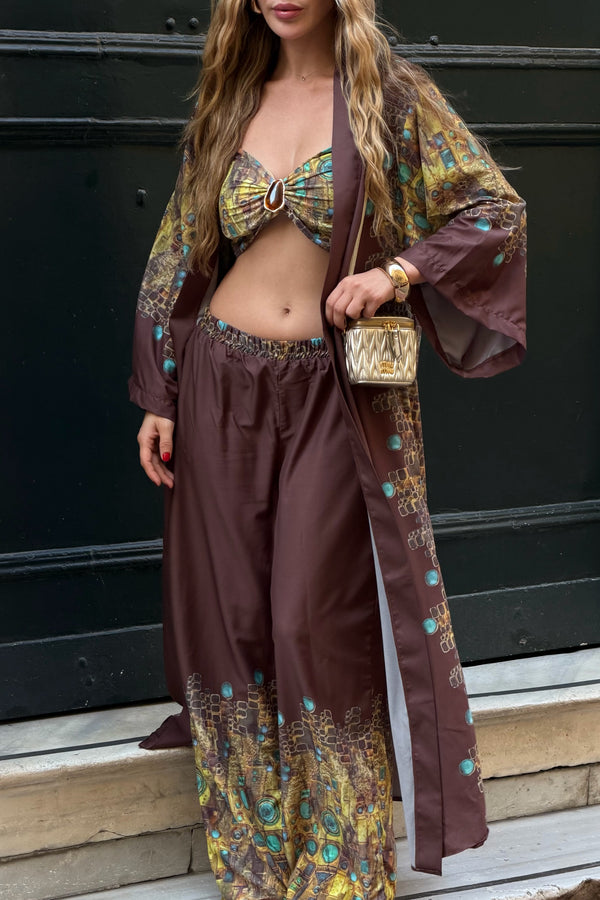 Kahverengi Tasarım Büstiyer Kimono Üçlü Takım - 8606
