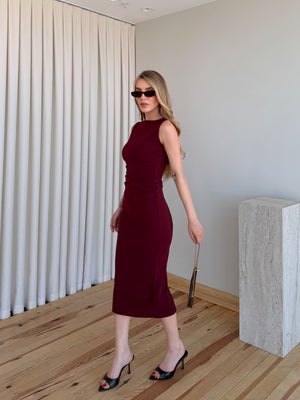 Bordo Drapeli Midi Elbise - 0506