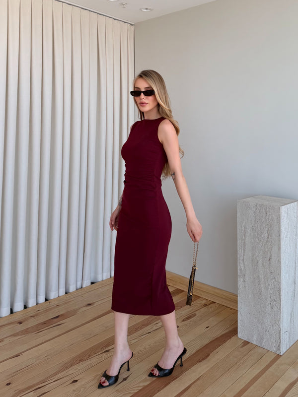 Bordo Drapeli Midi Elbise - 0506