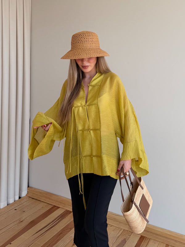 Sarı İp Bağcıklı Transparan Kimono - 5098