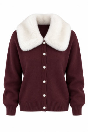 Bordo Yakası Kürklü Hırka - 2y261002