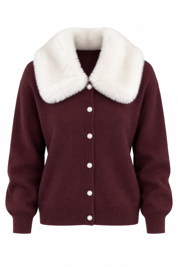 Bordo Yakası Kürklü Hırka - 2y261002