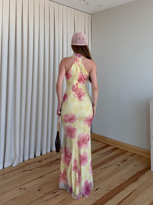 Sarı Pembe Çiçekli Göğüs Dekolteli Elbise - 8514
