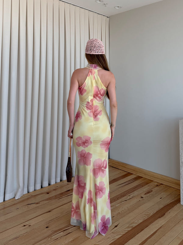 Sarı Pembe Çiçekli Göğüs Dekolteli Elbise - 8514