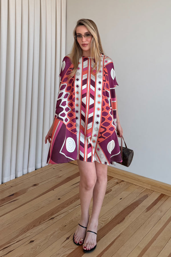 Turuncu Geometrik Desenli Kloş Mini Elbise - 106333