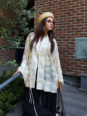 Sarı Frog Kapama Nakışlı Kimono - 5096
