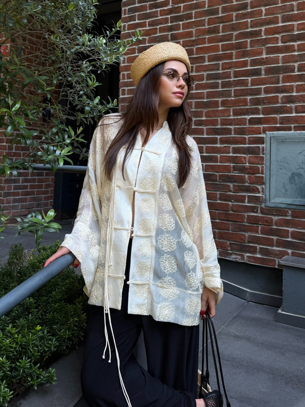 Sarı Frog Kapama Nakışlı Kimono - 5096