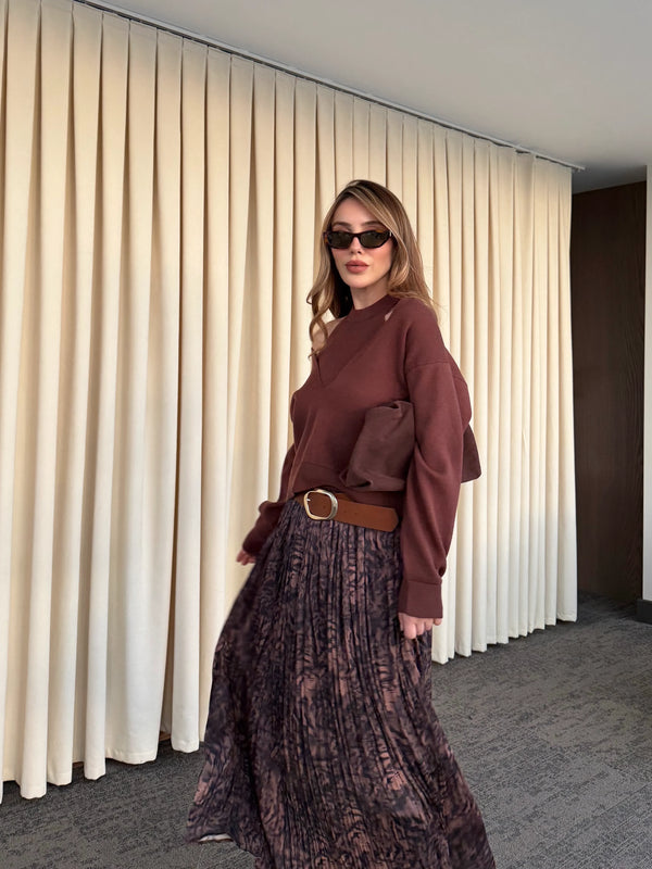 Kahverengi Piliseli Beli Lastikli Kemerli Etek - 3375