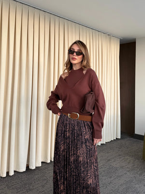 Kahverengi Piliseli Beli Lastikli Kemerli Etek - 3375