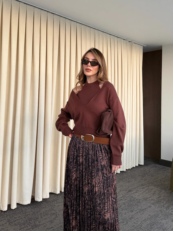 Kahverengi Piliseli Beli Lastikli Kemerli Etek - 3375