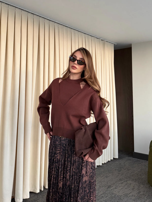 Kahverengi Piliseli Beli Lastikli Kemerli Etek - 3375