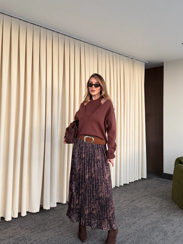 Kahverengi Piliseli Beli Lastikli Kemerli Etek - 3375