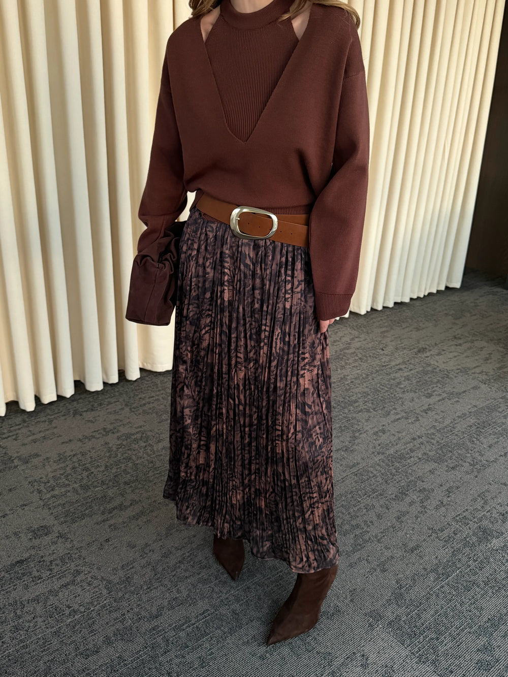 Kahverengi Piliseli Beli Lastikli Kemerli Etek - 3375