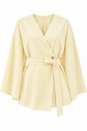 Sarı Düğme Detaylı Kemerli Kimono - 005