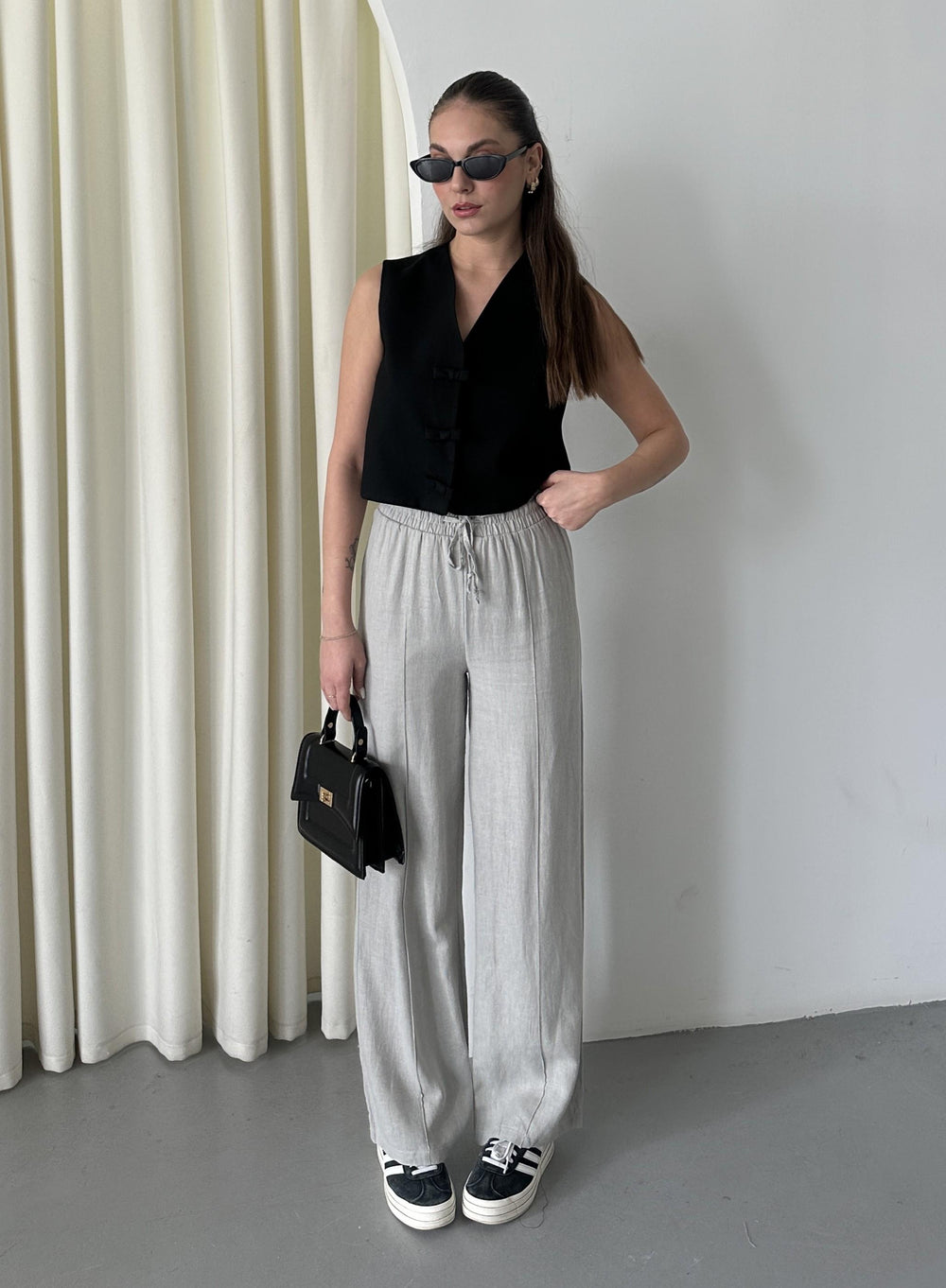 Gri %100 Keten Palazzo Pantolon