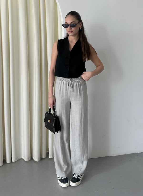 Gri %100 Keten Palazzo Pantolon