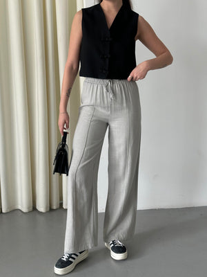 Gri %100 Keten Palazzo Pantolon