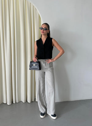 Gri %100 Keten Palazzo Pantolon