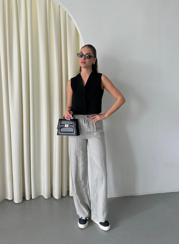 Gri %100 Keten Palazzo Pantolon