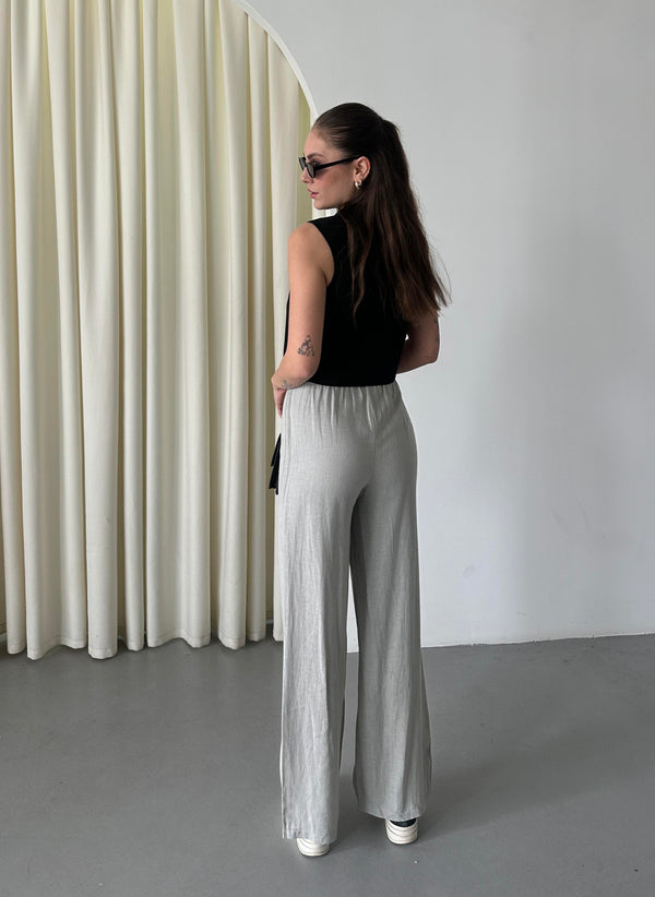 Gri %100 Keten Palazzo Pantolon