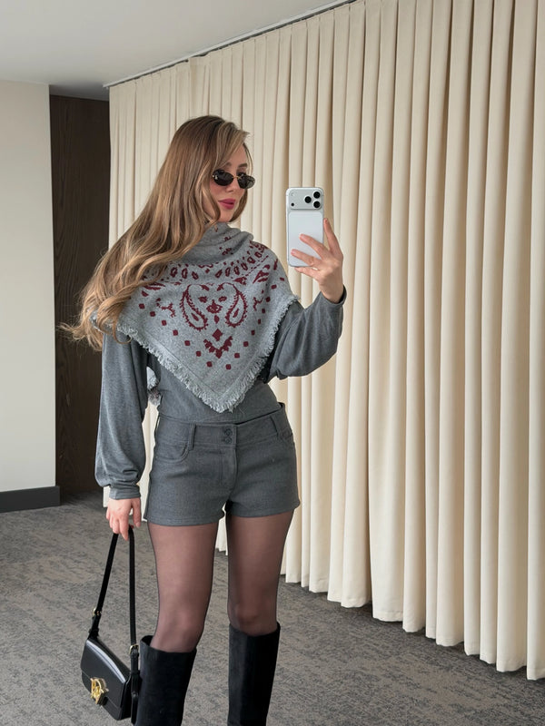 Gri - Bordo Desenli Triko Şal - 251003