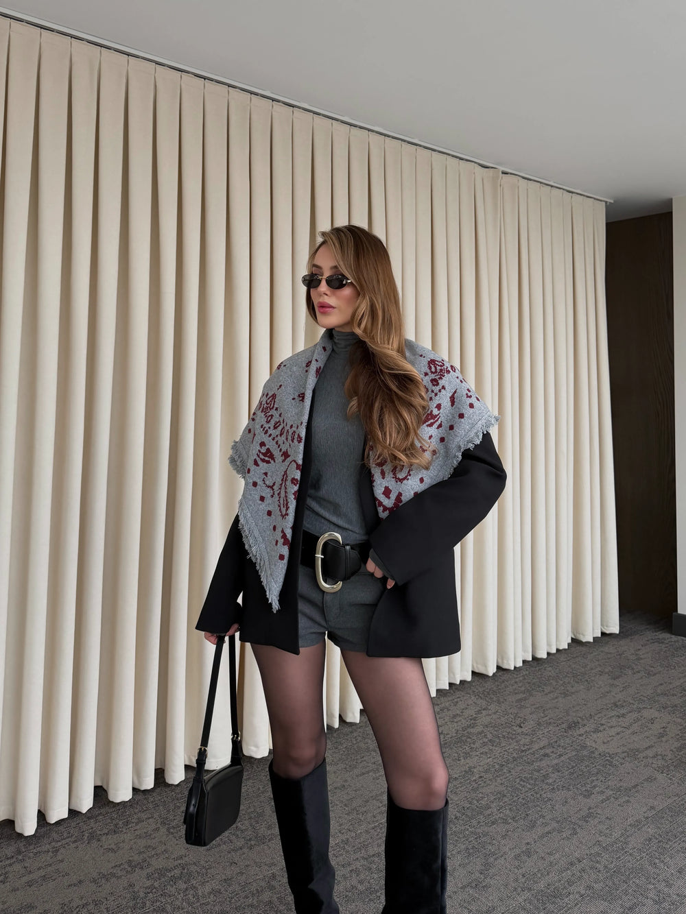 Gri - Bordo Desenli Triko Şal - 251003