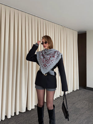 Gri - Bordo Desenli Triko Şal - 251003