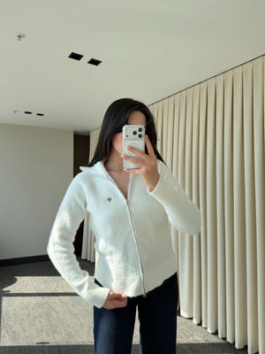 Ekru Balıkçı Yaka Çift Fermuarlı Hırka - 251108