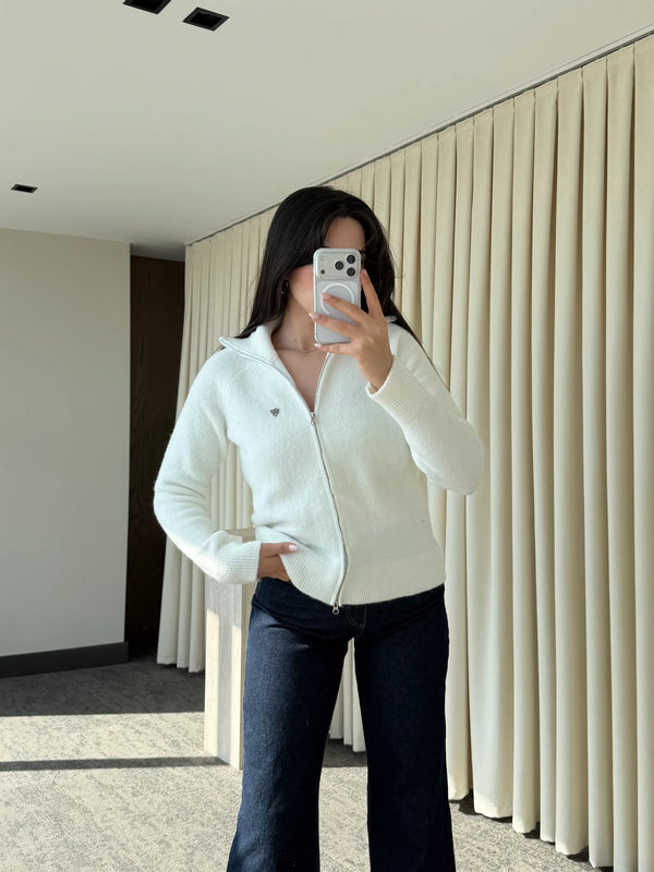 Ekru Balıkçı Yaka Çift Fermuarlı Hırka - 251108