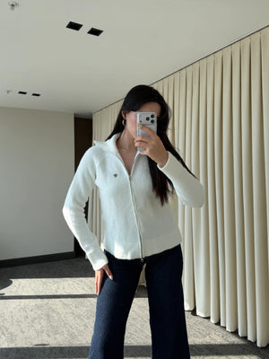 Ekru Balıkçı Yaka Çift Fermuarlı Hırka - 251108