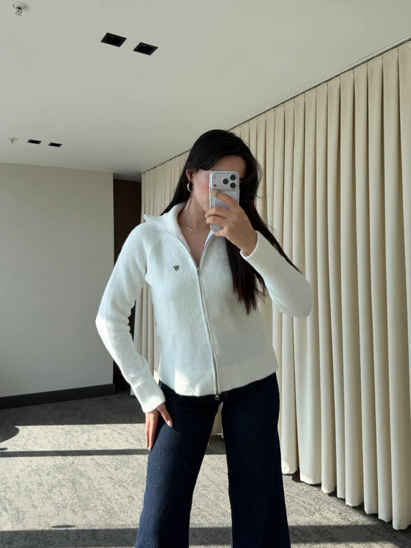 Ekru Balıkçı Yaka Çift Fermuarlı Hırka - 251108