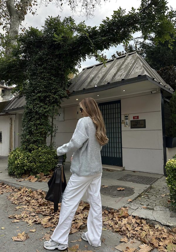 Gri Bisiklet Yaka Basic Kazak - 2217